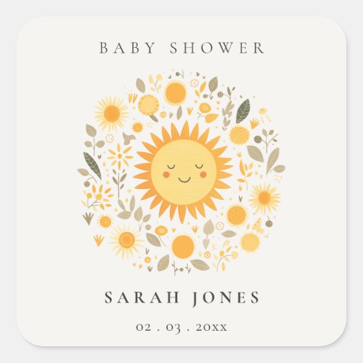 Cute Our Little Sunshine Boho Sun Baby Shower Quadratischer Aufkleber (Vorderseite)