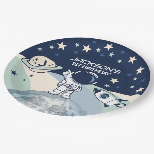 Cute Outer Space Astronaut Birthday Pappteller (Schrägansicht)