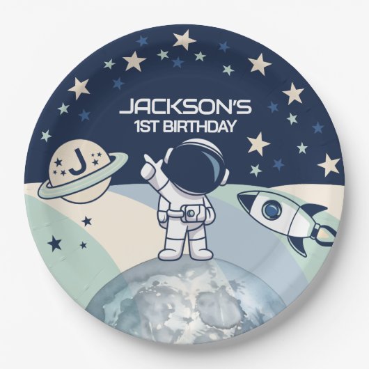 Cute Outer Space Astronaut Birthday Pappteller (Vorderseite)