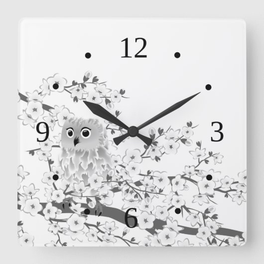 Cute Owl And Cherry Blossoms Black And White Quadratische Wanduhr (Vorderseite)