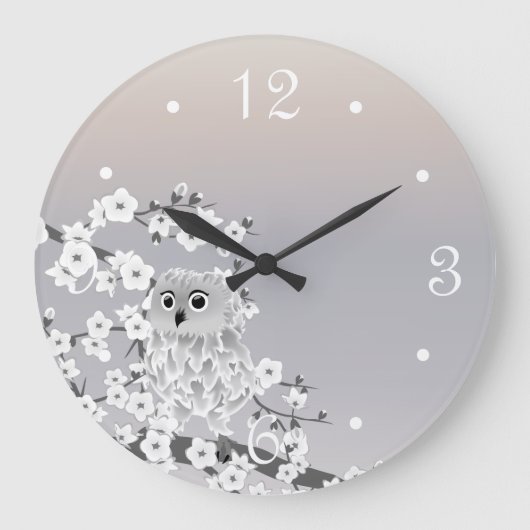 Cute Owl Beige Taupe White Numbers Große Wanduhr (Vorderseite)