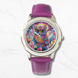 Cute Owl Colorful Bright Floral Moon Kids Girly Armbanduhr