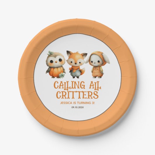 Cute Owl Fox Rabbit Fall Woodland Kids' Birthday Pappteller (Vorderseite)