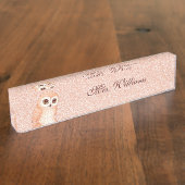 Cute Owl Rose Gold Glitter Teacher Namensplakette (Seite)