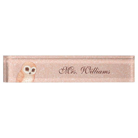 Cute Owl Rose Gold Glitter Teacher Namensplakette (Vorderseite)