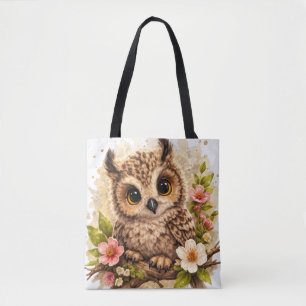 Cute Owl Tote Bag Big Eyes Floral Animal Tasche