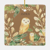Cute Owls Greenery Pine Watercolor Christmas Year Keramikornament (Rückseite)