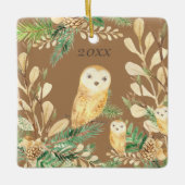 Cute Owls Greenery Pine Watercolor Christmas Year Keramikornament (Vorderseite)