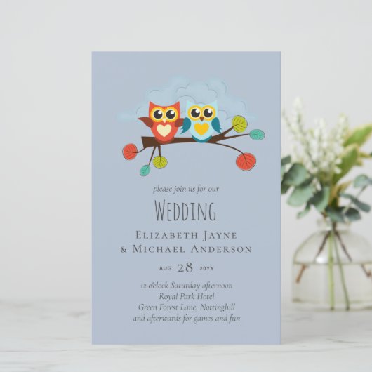 Cute OWLS Themed Wedding Blue Orange (Stehend Vorderseite)