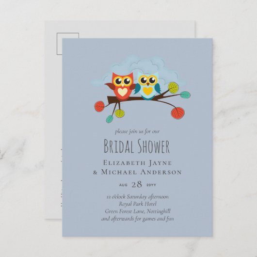 Cute OWLS Themed Wedding Blue Orange Postkarte (Vorne/Hinten)