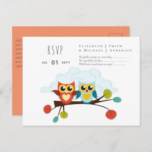 Cute OWLS Themed Wedding Blue Orange Postkarte (Vorne/Hinten)