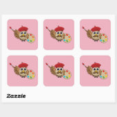 Cute Painter Owl Cartoon Quadratischer Aufkleber (Blatt)
