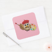 Cute Painter Owl Cartoon Quadratischer Aufkleber (Umschlag)