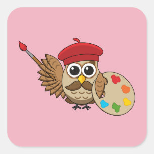 Cute Painter Owl Cartoon Quadratischer Aufkleber