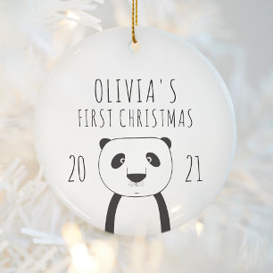 Cute Panda Babys First Christmas Black White Keramik Ornament
