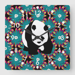 Cute Panda Bear Blue Pink Flowers Floral Pattern Quadratische Wanduhr