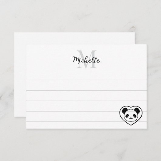 Cute Panda Bear Cartoon Custom Lined Monogram Mitteilungskarte (Vorne/Hinten)