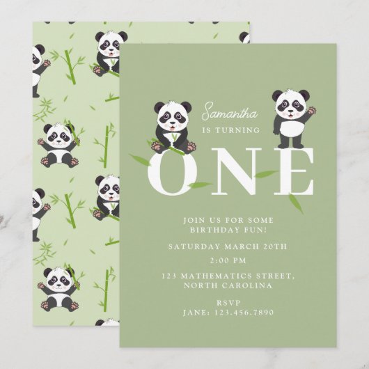 Cute Panda Bear Kawaii Kids First One Birthday Einladung (Vorne/Hinten)
