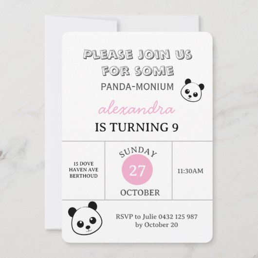 Cute Panda Bear Party Invitation – Personalized Einladung (Rückseite)