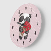 Cute Panda Bear with Rose Bouquet Große Wanduhr (Winkel)