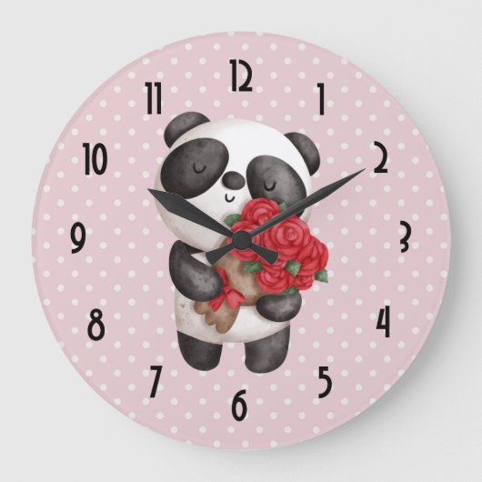 Cute Panda Bear with Rose Bouquet Große Wanduhr (Vorderseite)