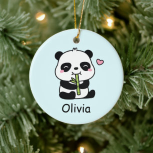 Cute Panda Cub Munching On Bamboo, Kids Name Keramik Ornament