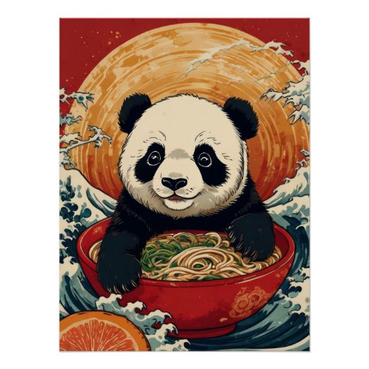 Cute Panda Eating Ramen in Japanese Ukiyo-e Style  Poster (Vorderseite)