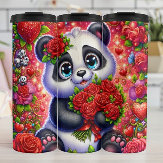 Cute Panda Red Rose Bouquet Wrap Thermosbecher