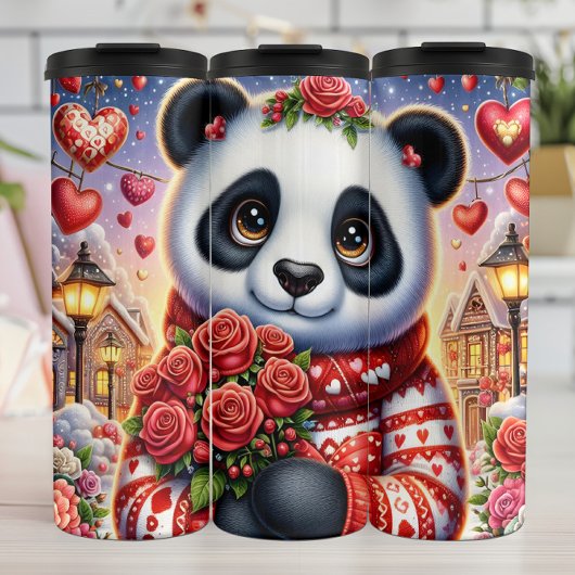Cute Panda Winter Rose Bouquet Wrap Thermosbecher