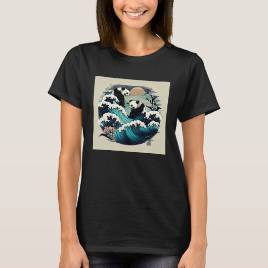 Cute pandas surfing the Japanese great wave sunset T-Shirt (Vorderseite)