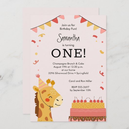 Cute Party Animal Girl 1st Birthday Einladung (Vorne/Hinten)