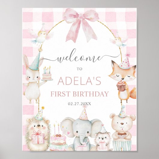 Cute Party Animals Fun To Be One 1st Birthday Pink Poster (Vorne)