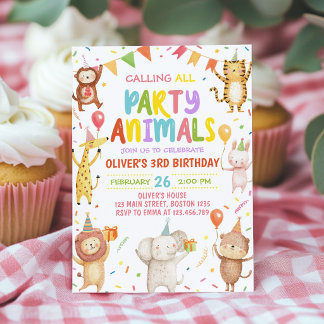 Cute Party Animals Kids Birthday Invitation Einladung