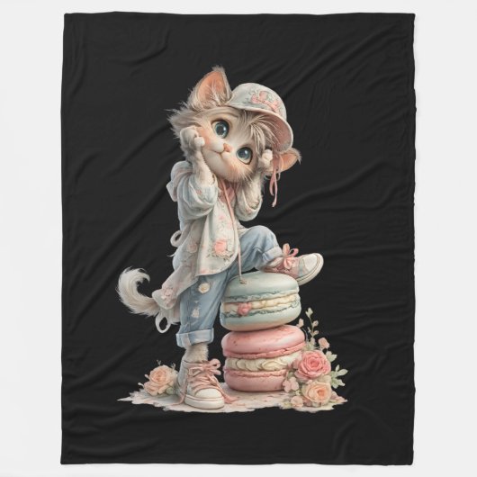 Cute Pastel Adorable Cat & Macaron Sweets Cozy  Fleecedecke (Vorderseite)