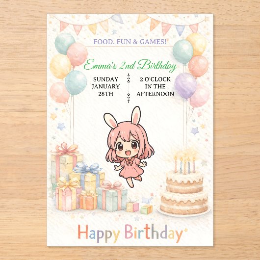 Cute Pastel Bunny Birthday Invitation Acryleinladungen (Vorderseite)