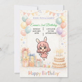 Cute Pastel Bunny Birthday Invitation Einladung