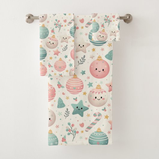 Cute Pastel Christmas Pattern Ornaments and Stars Badhandtuch Set (Insitu)
