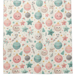 Cute Pastel Christmas Pattern Ornaments and Stars Duschvorhang