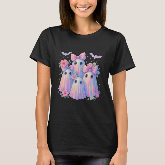 Cute Pastel Coquette Ghosts Pink Bows Flowers T-Shirt (Vorderseite)