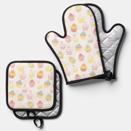 Cute Pastel Cupcake Pattern Ofenhandschuh & Topflappen-Set (Vorderseite/Rückseite)