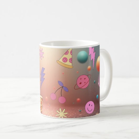Cute Pastel Doodle Pattern Pizza Cherry Smiley Kaffeetasse (VorderseiteRechts)