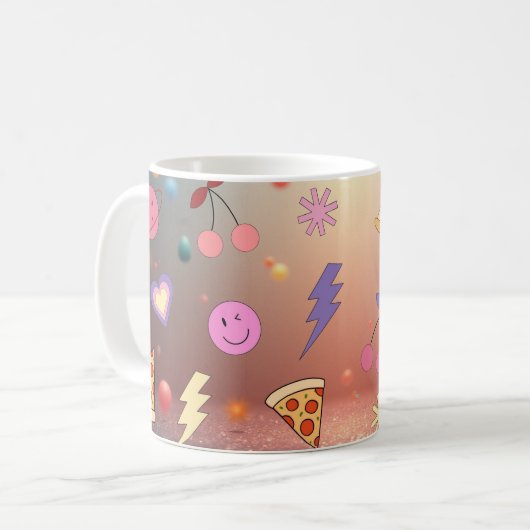Cute Pastel Doodle Pattern Pizza Cherry Smiley Kaffeetasse (Vorderseite Links)
