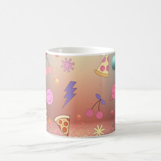 Cute Pastel Doodle Pattern Pizza Cherry Smiley Kaffeetasse (Mittel)