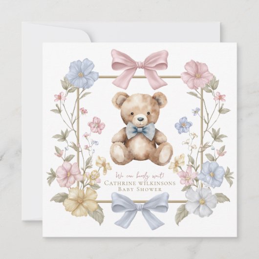Cute pastel Floral Teddy Bear Baby Shower QR code Einladung (Vorderseite)