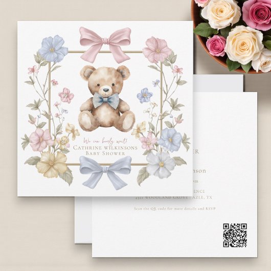 Cute pastel Floral Teddy Bear Baby Shower QR code  Einladung