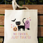 Cute Pastel Halloween No Tricks Just Treats Tragetasche<br><div class="desc">This cute tote bag is perfect for all that Halloween candy deliciousness! It features a hand drawn black cat, ghost, jack-o-lantern pumpkin, bat, spider, and stars in a color scheme black, pastel pink, purple, and peach. Simple typography reads, "NO TRICKS, JUST TREATS" in matching pastel colors. *Original Illustration by Orabella...</div>