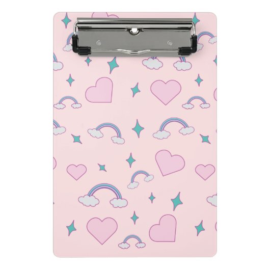 Cute Pastel Hearts & Rainbow Pattern | Kawaii Pink Mini Klemmbrett (Vorderseite)
