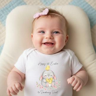 Cute Pastel Hoppy 1st Easter Bunny & Chicks Baby Strampler