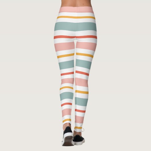 Cute Pastel Horizontal Stripes Boho Pink Teal Yell Leggings (Rückseite)