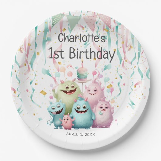 Cute Pastel Little Monsters Girl's 1st Birthday Pappteller (Vorderseite)